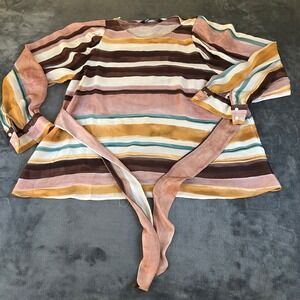 Zara Striped Blouse Tie Waist Long Sleeve Button Cuff Colorful Womens Size Small